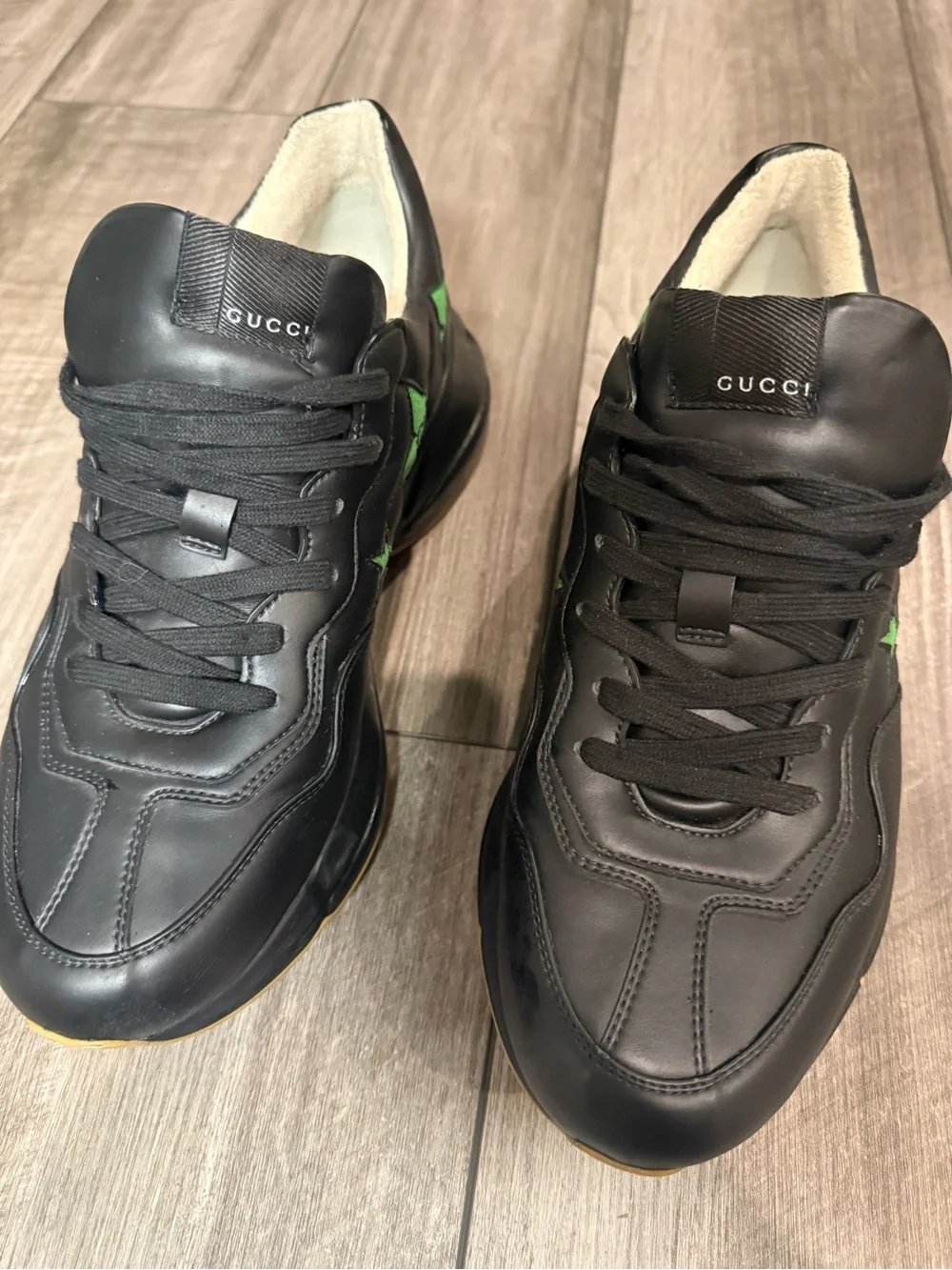 Gucci Black Leather Sneakers with Green Star Motif